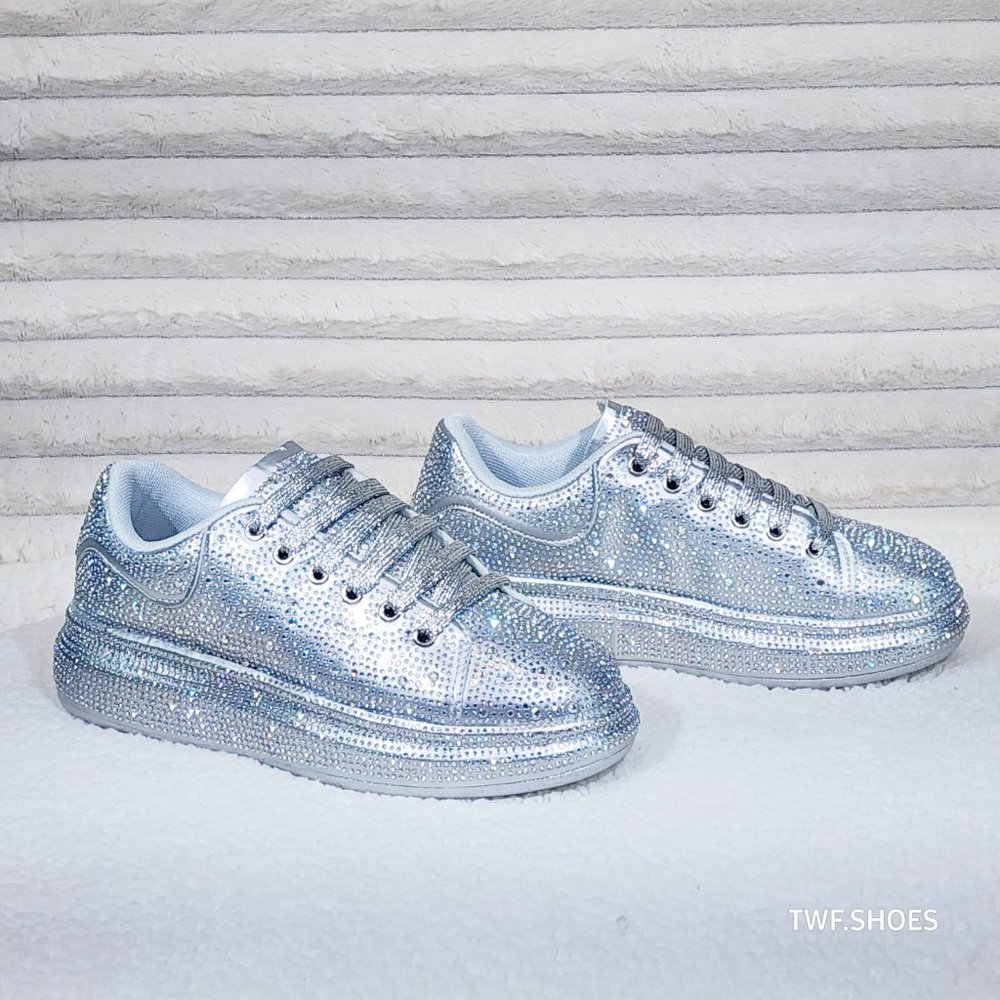 Dazzle Cush Silver Iridescent Rhinestone Platform Sneakers Tennis Shoes